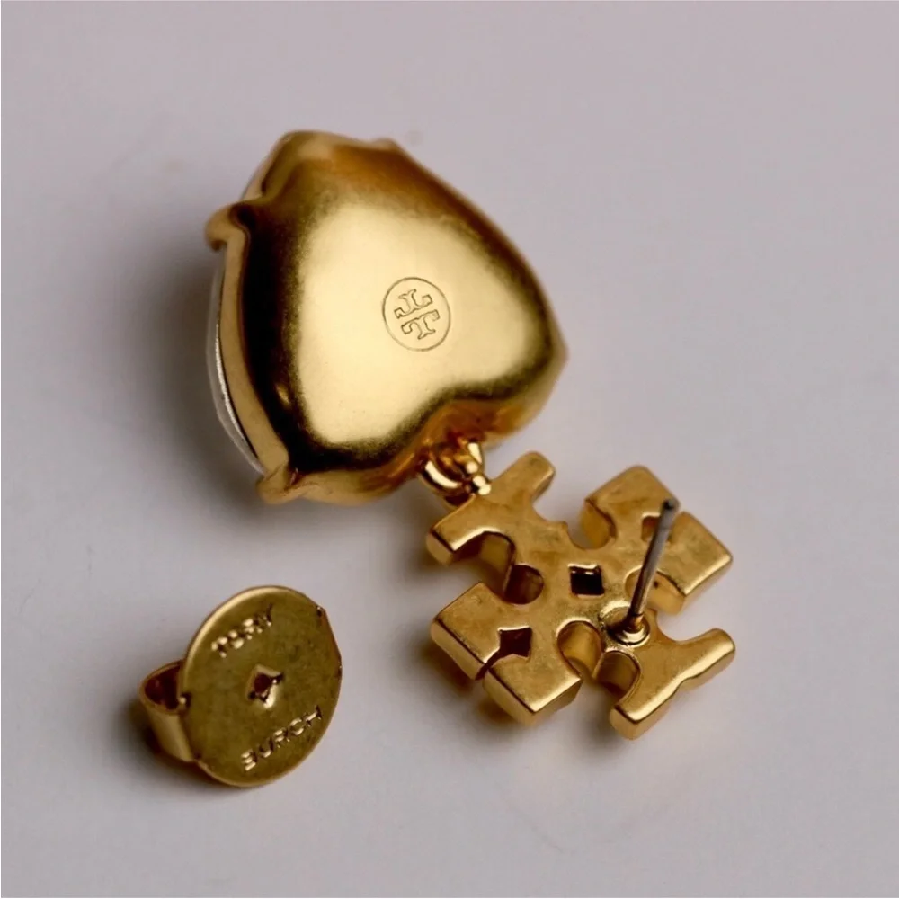 Tory Burch New Roxanne Crystal Brass Heart Drop Earrings